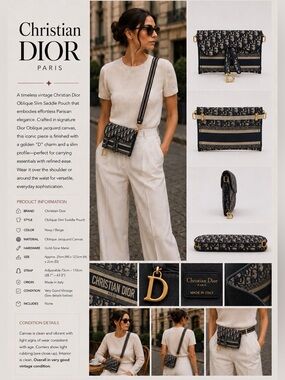 Like New Christian Dior Oblique Slim Saddle Belt Pouch , White & Blue Oblique